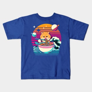 ORANGE CAT EATING SUSHI OUTERSPACE RETRO WAVE JAPANESE Kids T-Shirt